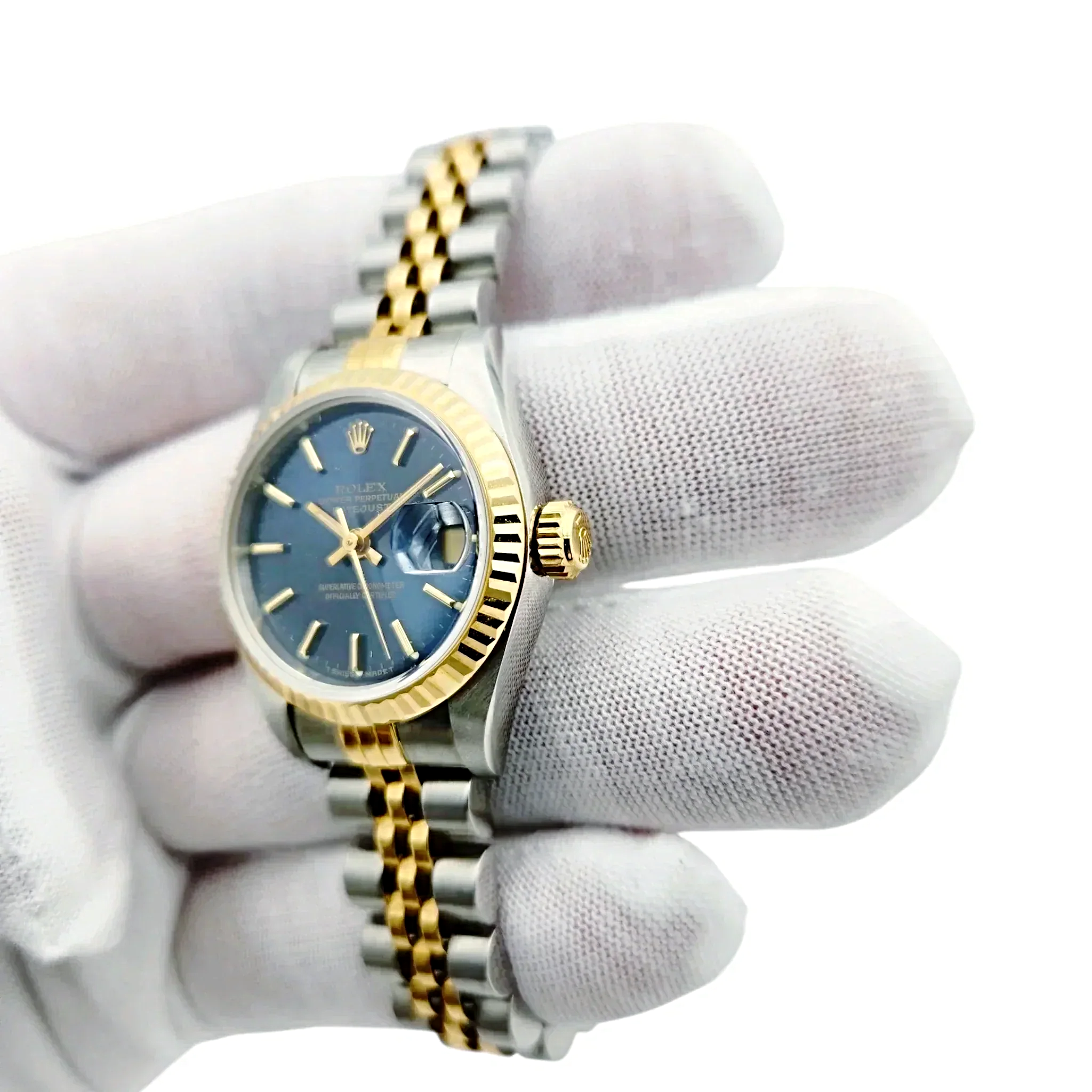Ladies Rolex 26mm Datejust Two Tone 18K Yellow Gold / Stainless Steel Watch with Blue Dial and Fluted Bezel. (UNWORN 69173)