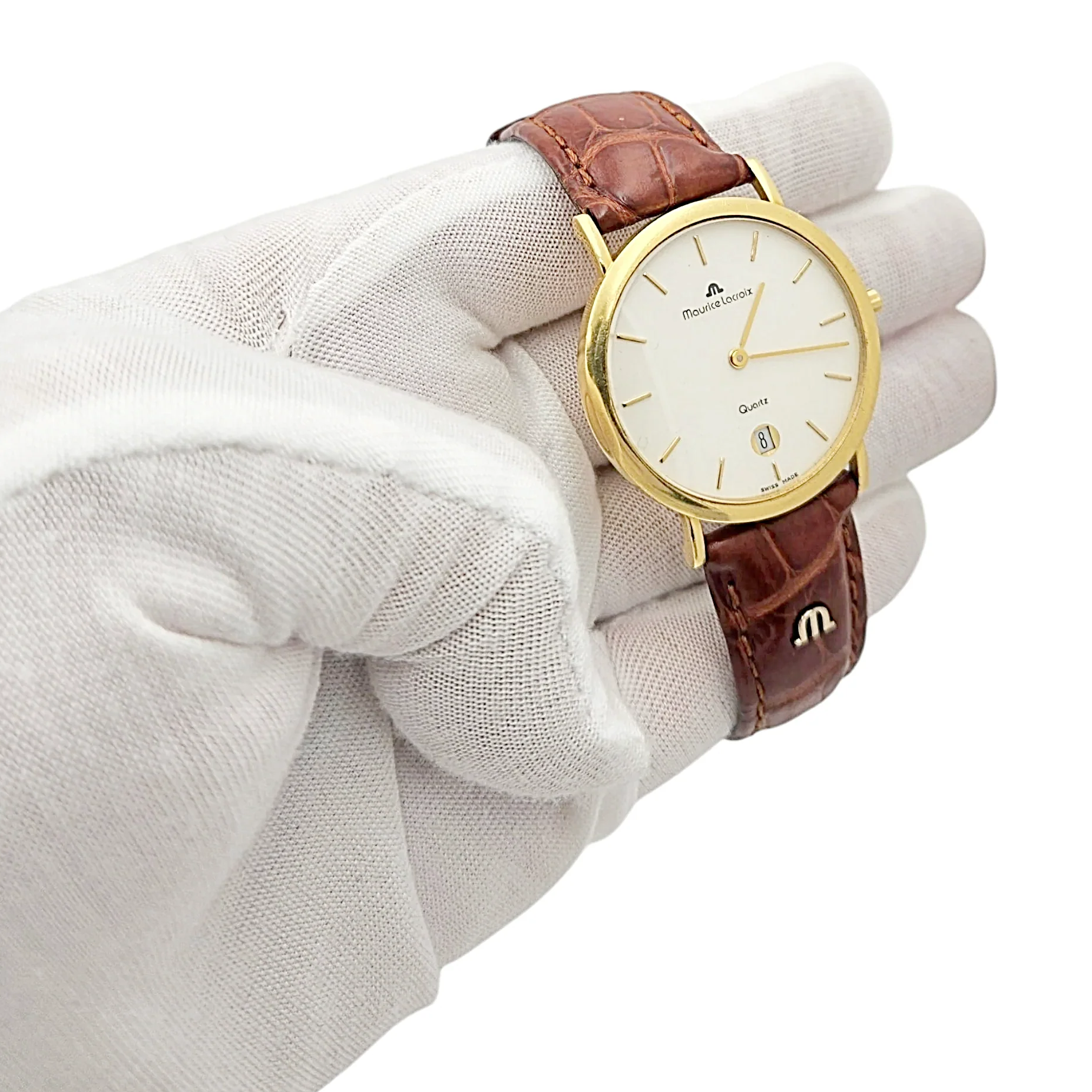 Men's Maurice Lacroix 34mm Vintage 18K Yellow Gold Case Watch with Brown Leather and White Dial. (Pre-Owned 2106)
