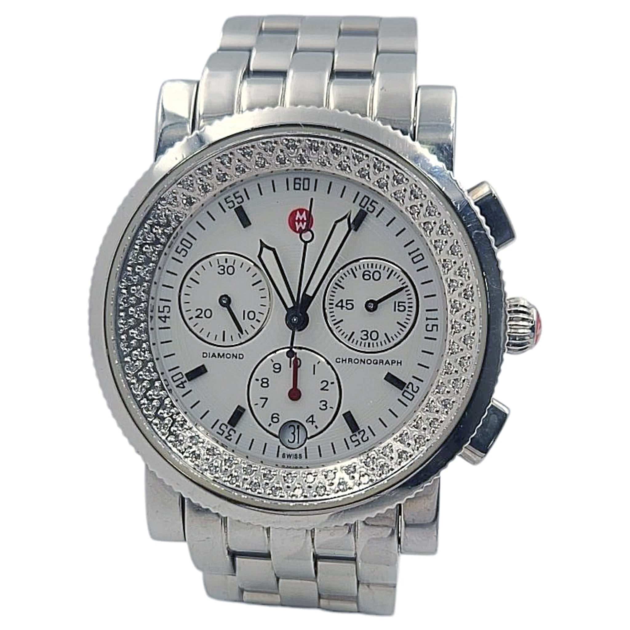 Ladies Michele 38mm Sport Sail Stainless Steel Wristwatch with White Dial & Diamond Inner Bezel. (Pre-Owned)