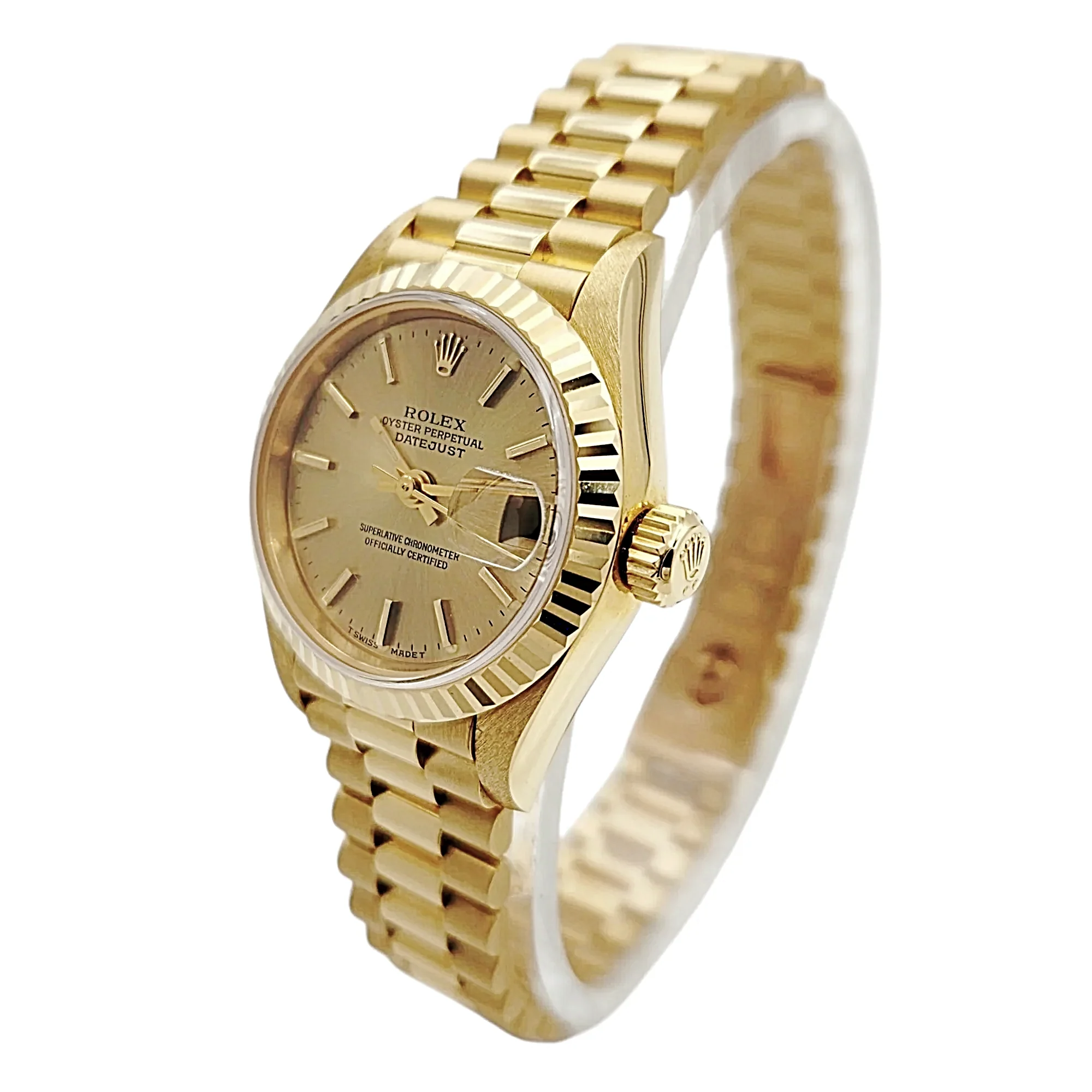 Ladies Rolex 26mm Presidential 18K Solid Yellow Gold Watch with Champagne Dial and Fluted Bezel. (UNWORN 69178)