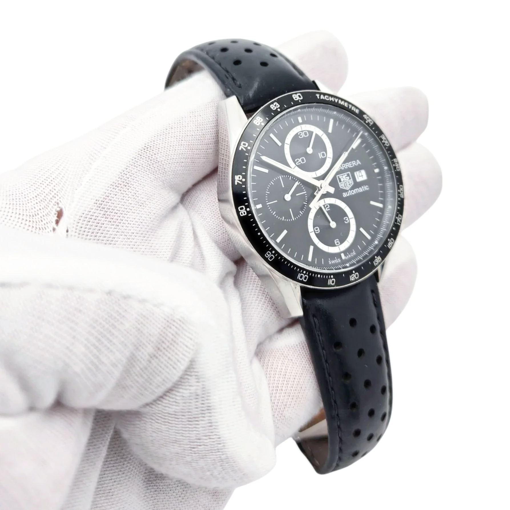 Men's TAG Heuer Carrera 42mm Juan Manuel Fangio Automatic Stainless Steel Watch with Leather Strap and Black Dial. (Pre-Owned)