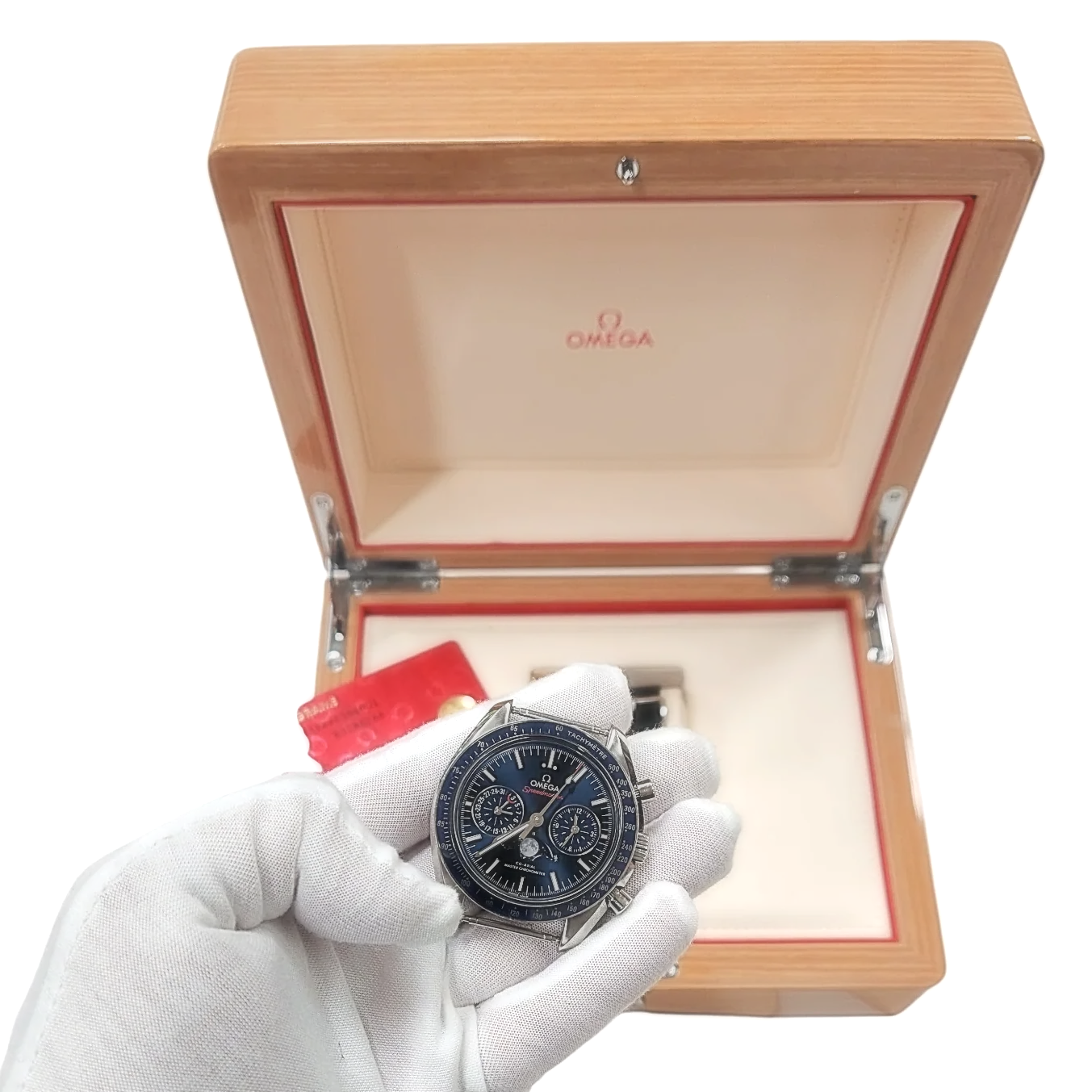 Men's Omega 44mm Speedmaster Moonphase Automatic Steel Watch with Blue Luminous Dial. (Pre-Owned Box/Card)