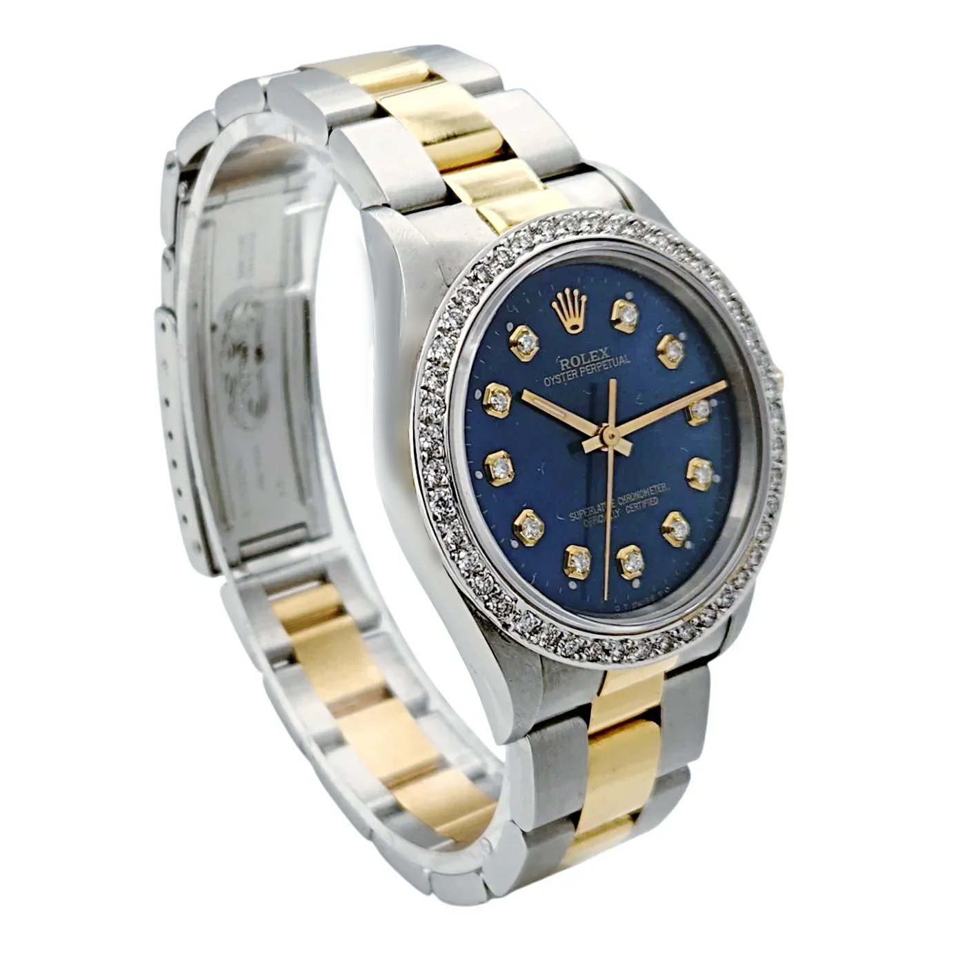 1994 Men's Rolex 36mm Oyster Perpetual Two Tone 18K Yellow Gold / Stainless Steel Watch with Blue Diamond Dial and Diamond Bezel. (Pre-Owned 14233)