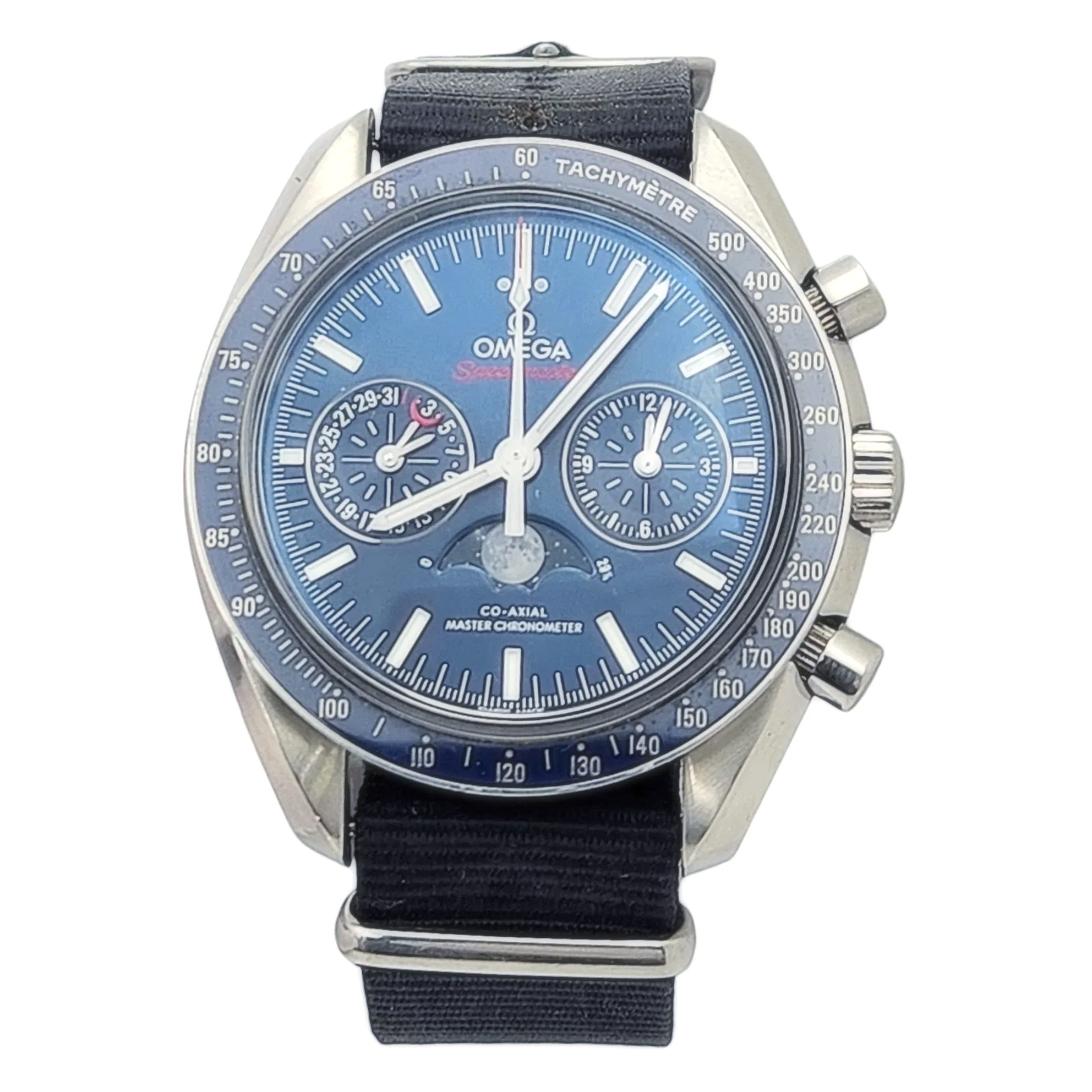 Men's Omega 44mm Speedmaster Moonphase Automatic Steel Watch with Blue Luminous Dial. (Pre-Owned Box/Card)
