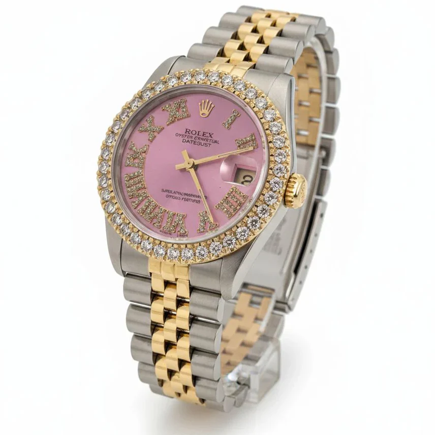 Ladies Rolex Midsize 31mm DateJust Two Tone 18K Yellow Gold / Stainless Steel Watch with Pink Roman Numeral Diamond Dial and Diamond Bezel. (Pre-Owned 68273)