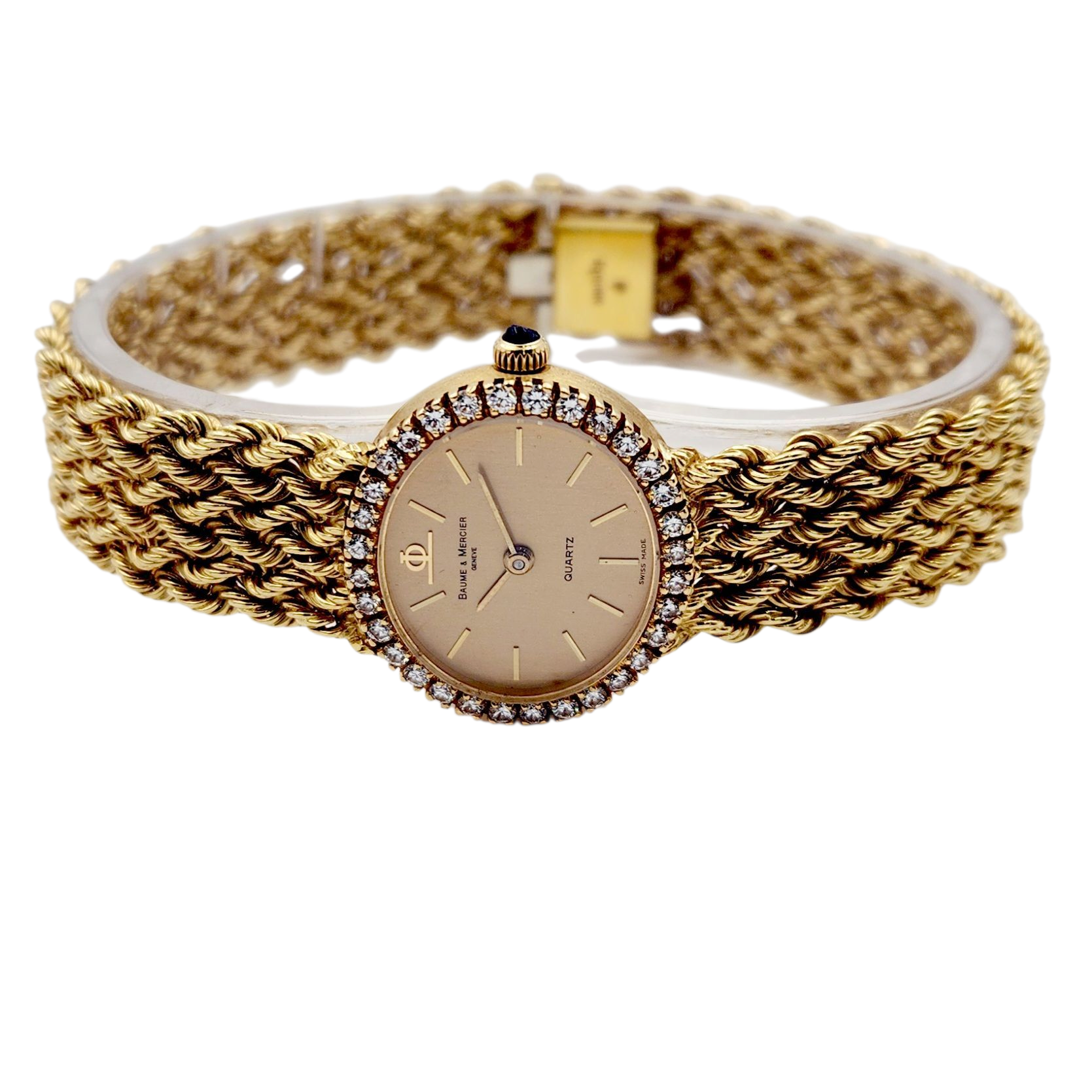 Ladies Baume & Mercier 24mm Vintage 18K Yellow Gold Watch with Gold Dial and Diamond Bezel. (Pre-Owned)
