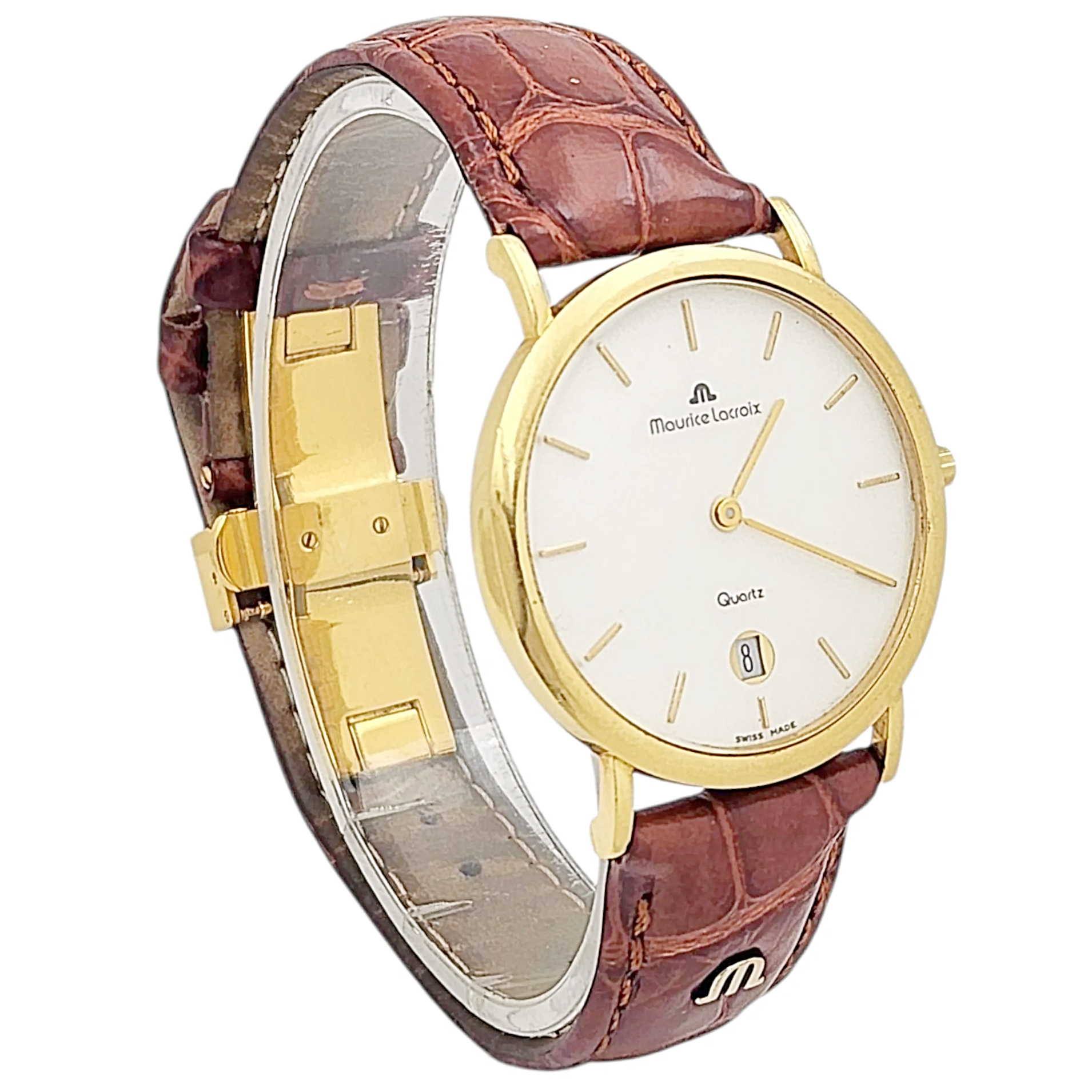 Men's Maurice Lacroix 34mm Vintage 18K Yellow Gold Case Watch with Brown Leather and White Dial. (Pre-Owned 2106)