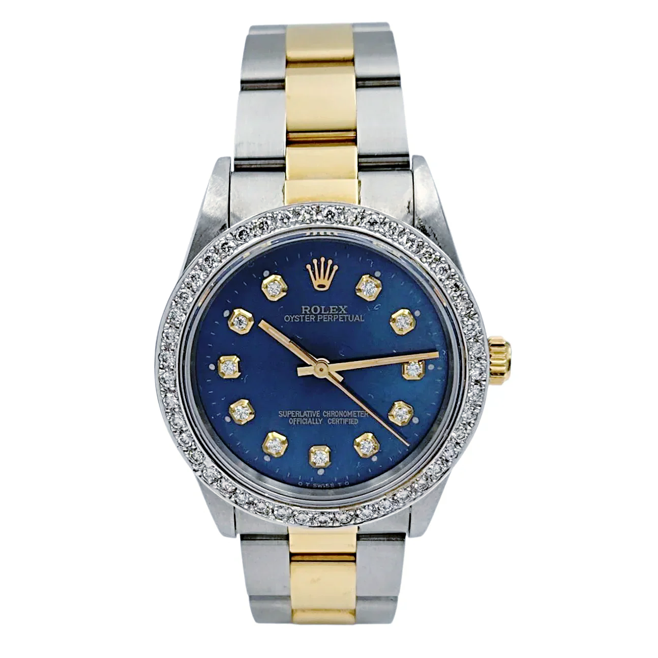 1994 Men's Rolex 36mm Oyster Perpetual Two Tone 18K Yellow Gold / Stainless Steel Watch with Blue Diamond Dial and Diamond Bezel. (Pre-Owned 14233)