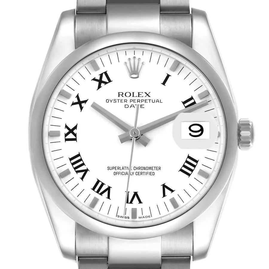 2017 Men's Rolex 34mm Date Stainless Steel Watch with Roman Numeral White Dial and Smooth Bezel. (Pre-Owned 115200)