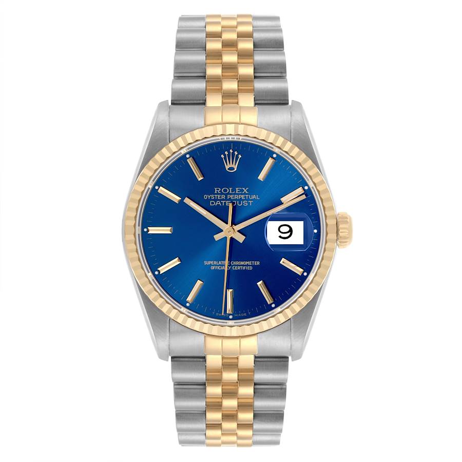 *1995 Men's Rolex 36mm DateJust Two Tone 18K Yellow Gold / Stainless Steel Watch with Blue Dial and Fluted Bezel. (Pre-Owned 16233)