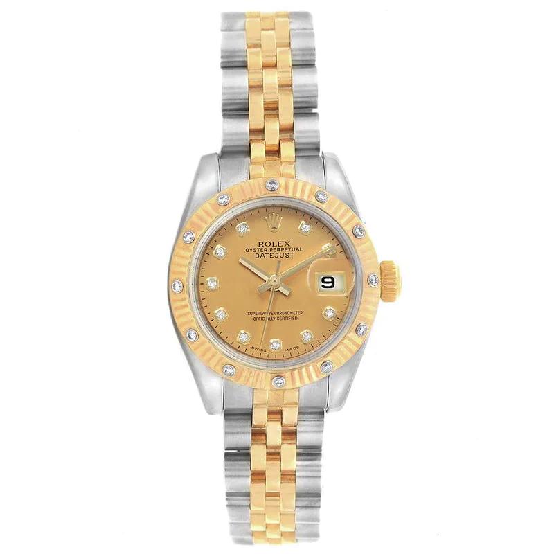 Ladies Rolex 26mm DateJust 18K Yellow Gold / Stainless Steel Two Tone Wristwatch w/ Gold Diamond Dial & Diamond Fluted Bezel. (Pre-Owned 179313)