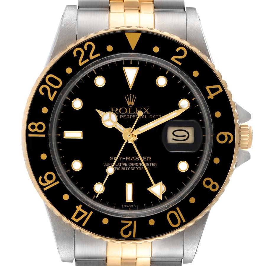 1978 Men's Rolex 38mm Vintage GMT Master 18K Gold / Stainless Steel Two Tone Watch with Black Bezel and Black Dial. (Pre-Owned 1675)