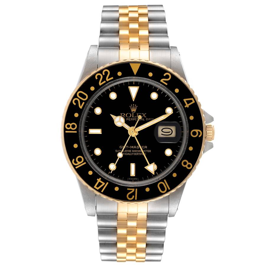 Men's Rolex 38mm GMT Master 18K Gold / Stainless Steel Two-Tone Watch with Black Bezel and Black Dial. (Pre-Owned 16753)
