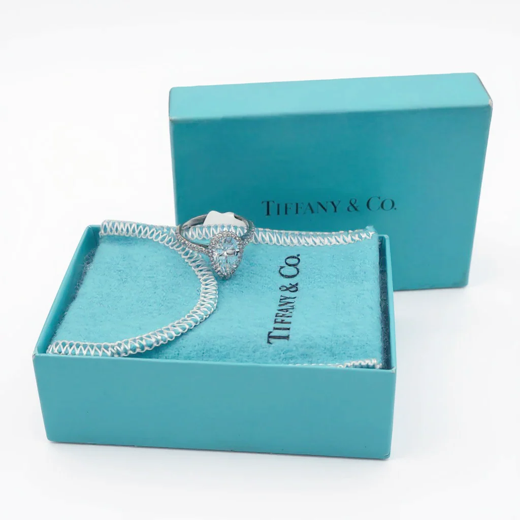 Tiffany & Co. Cathedral Setting Platinum Pear Shape Halo 1.57 Carat Diamond D Color, IF Infinity Flawless Clarity Engagement Ring