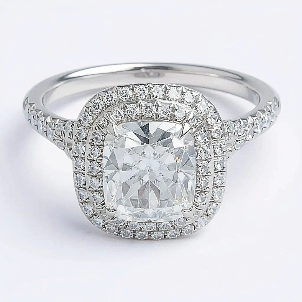 Tiffany & Co. Cathedral Setting "Tiffany Soleste" Platinum Cushion Cut Diamond Double Halo 2.60 ct, F Color, VS1 Clarity Engagement Ring