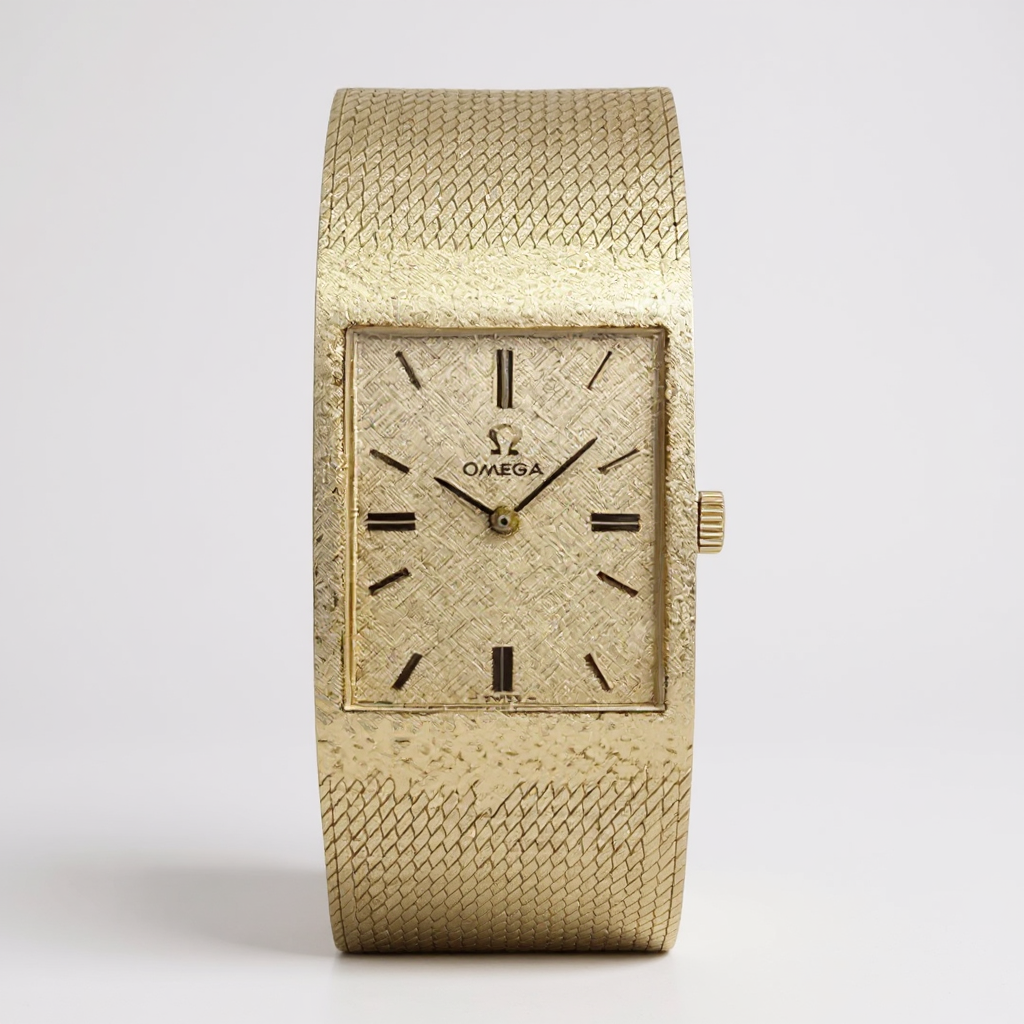 Unisex Omega Vintage 14K Yellow Gold Automatic Watch with Mesh Band and Gold Dial. (Pre-Owned)