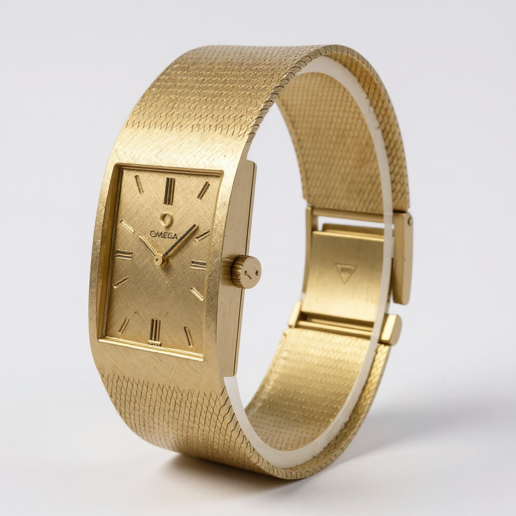 Unisex Omega Vintage 14K Yellow Gold Automatic Watch with Mesh Band and Gold Dial. (Pre-Owned)
