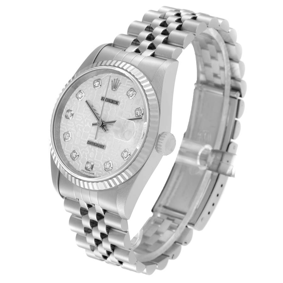 Unisex Rolex 36mm DateJust Stainless Steel Watch with Silver Anniversary Diamond Dial and Fluted Bezel. (Pre-Owned 16234)