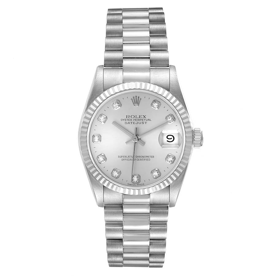 Ladies Rolex 31mm Midsize DateJust Presidential 18K White Gold Wristwatch w/ Silver Diamond Dial & Fluted Bezel. (Pre-Owned 68279)