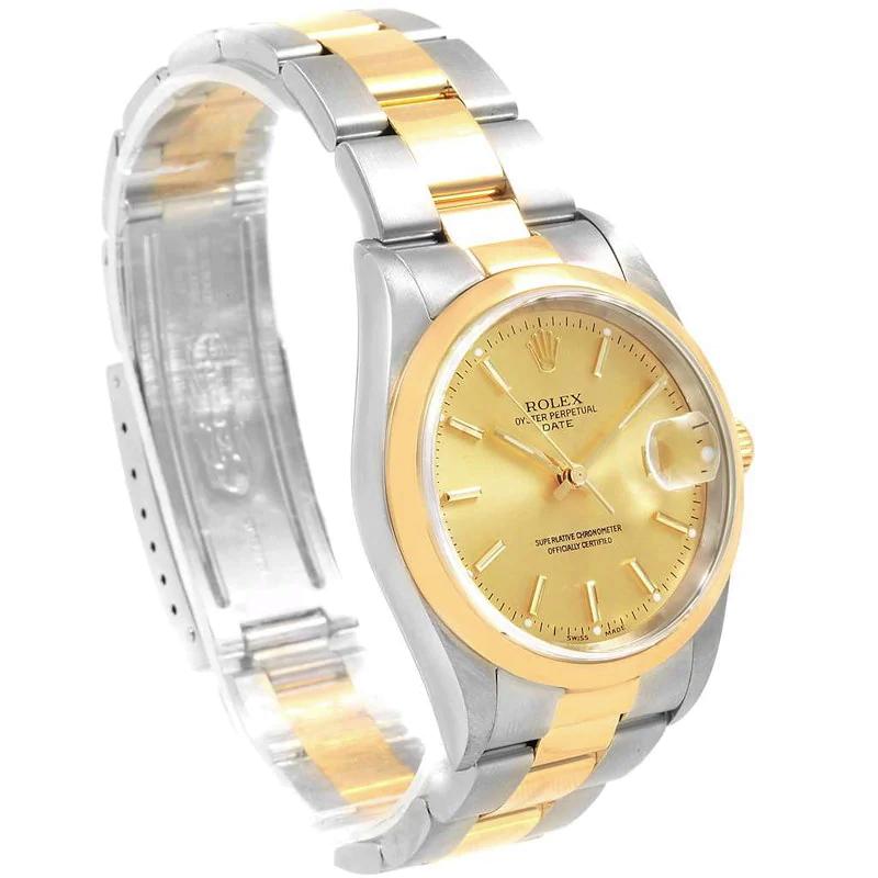 Men's Rolex 34mm Date 18K Two Tone Wristwatch w/ Champaign Dial & Smooth Bezel. (Pre-Owned 15203)