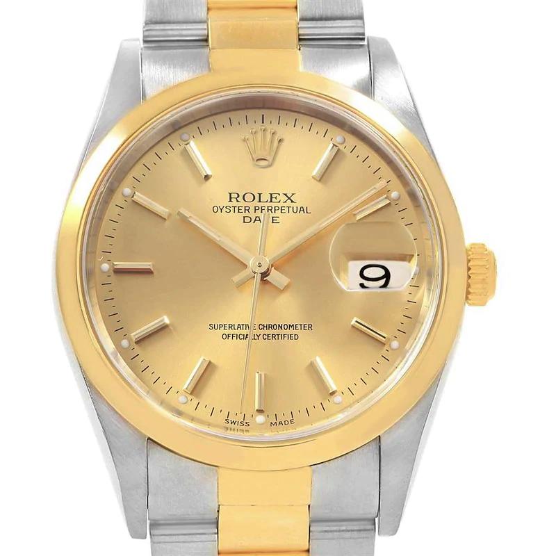 Men's Rolex 34mm Date Two Tone 18K Yellow Gold / Stainless Steel Wristwatch w/ Champaign Dial & Smooth Bezel. (Pre-Owned 15203)