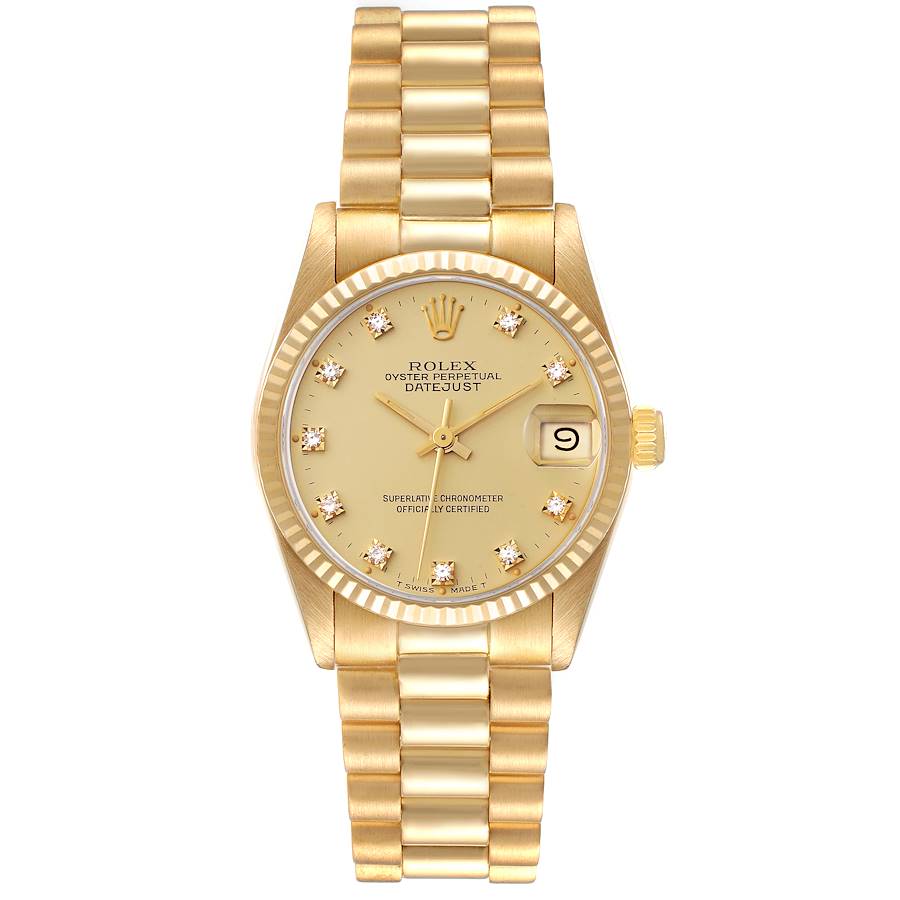 Ladies Rolex 26mm Presidential 18K Solid Yellow Gold Watch with Gold Diamond Dial and Fluted Bezel. (Pre-Owned 68278)