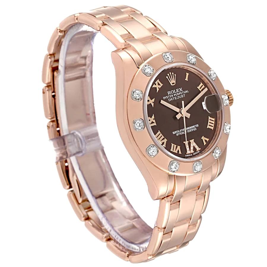 Ladies Rolex 34mm Pearlmaster Rose Gold Watch with Chocolate Diamond Dial and Diamond Bezel. (NEW 81315)