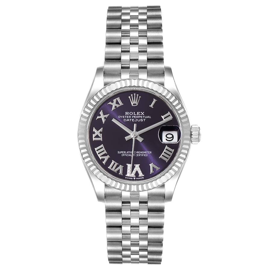 Ladies Rolex DateJust 31mm Midsize Stainless Steel Wristwatch w/ Aubergine No. 6 Diamond Dial & Fluted Bezel. (Pre-Owned 278274)