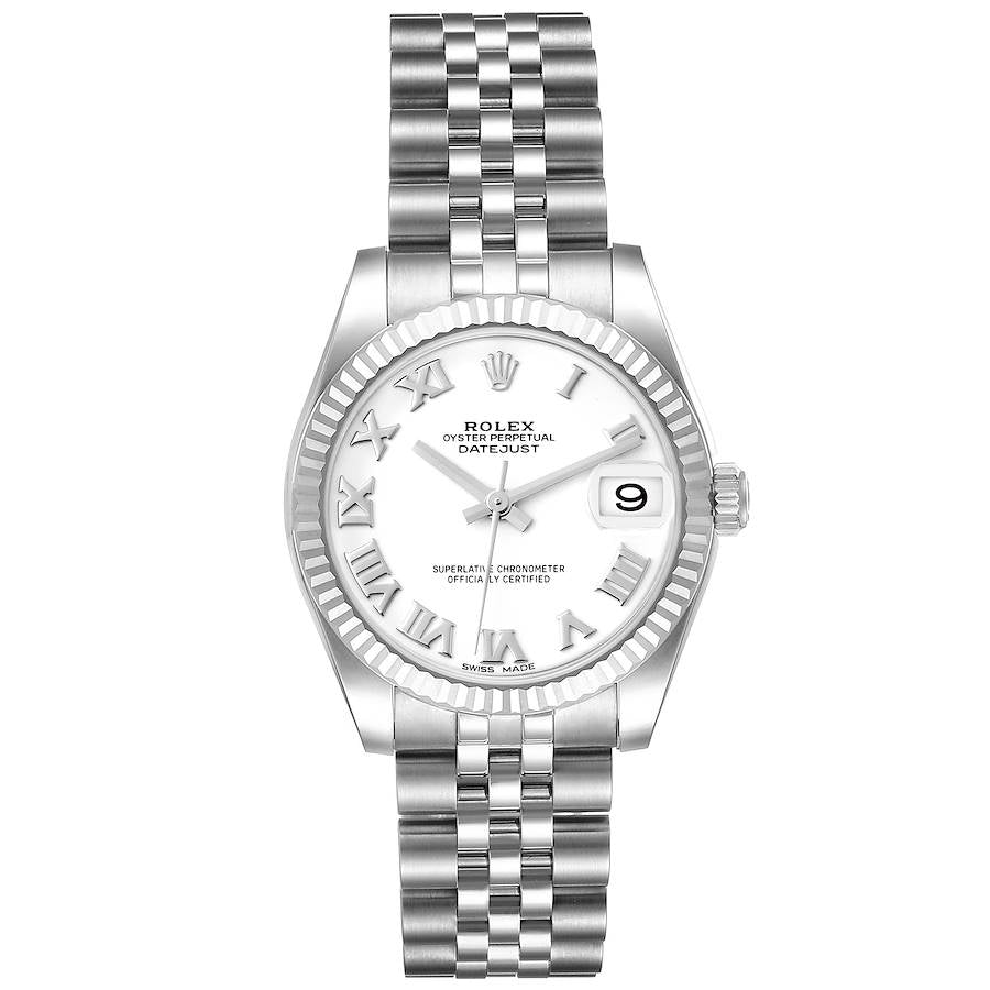Ladies Rolex DateJust 31mm Midsize Stainless Steel Watch with White Roman Numeral Dial and Fluted Bezel. (Pre-Owned)