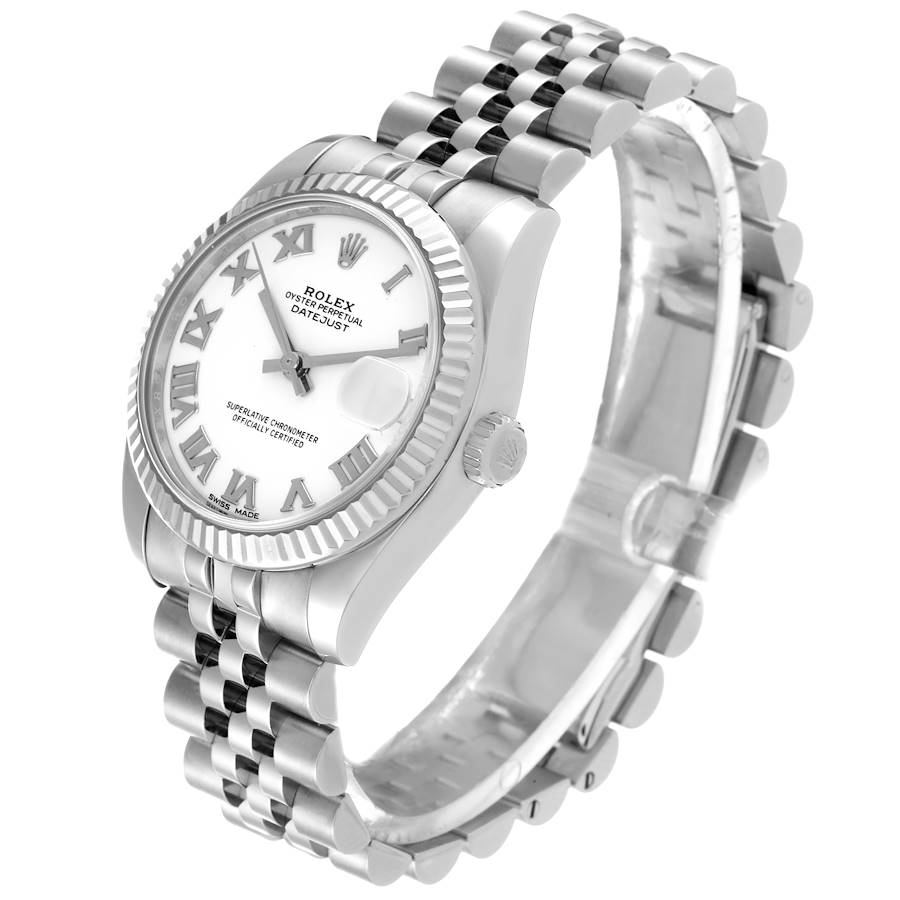 Ladies Rolex DateJust 31mm Midsize Stainless Steel Watch with White Roman Numeral Dial and Fluted Bezel. (Pre-Owned)