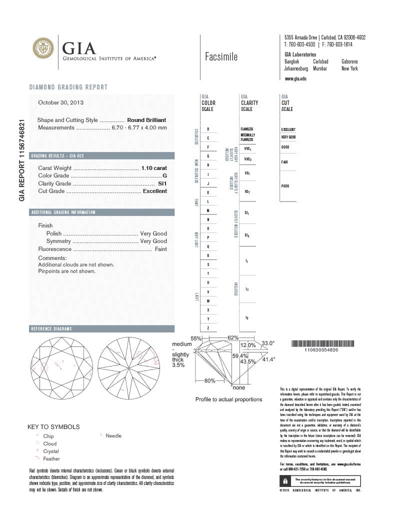 1.10 Carat GIA Certified SI1, Color G, Round Cut Natural Diamond.
