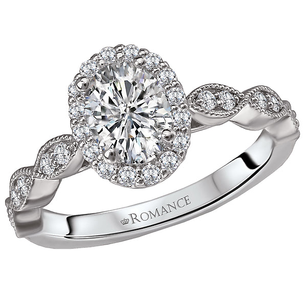 14K White Gold Romance Collection Wedding Ring. Halo Semi Mount Wedding Ring.