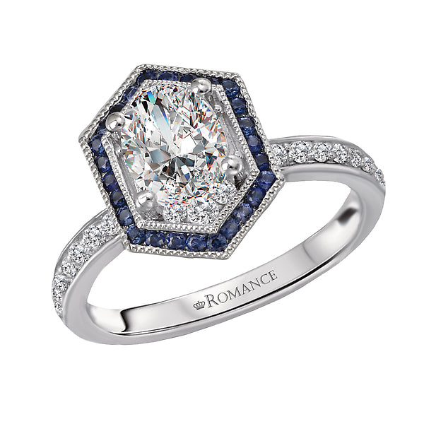 14K White Gold Halo Semi Mount Romance Collection and Gemstone Wedding Ring.
