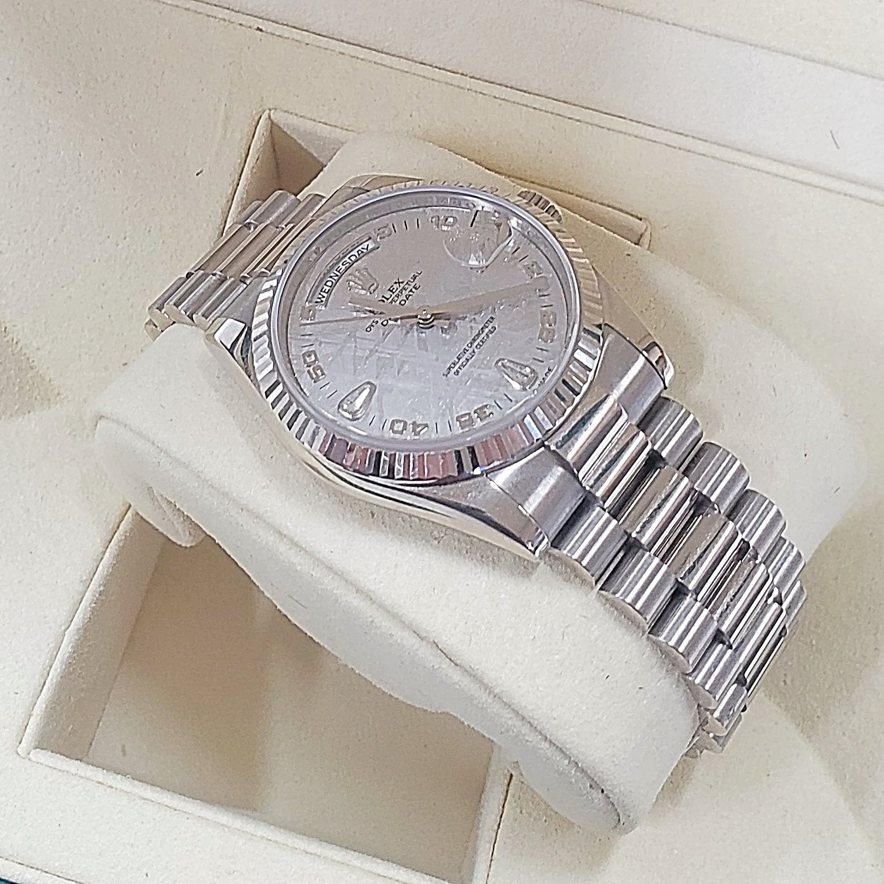 Men's Rolex 36mm Presidential 18K White Gold Watch with Diamond Meteorite Dial and Fluted Bezel. (Pre-Owned)