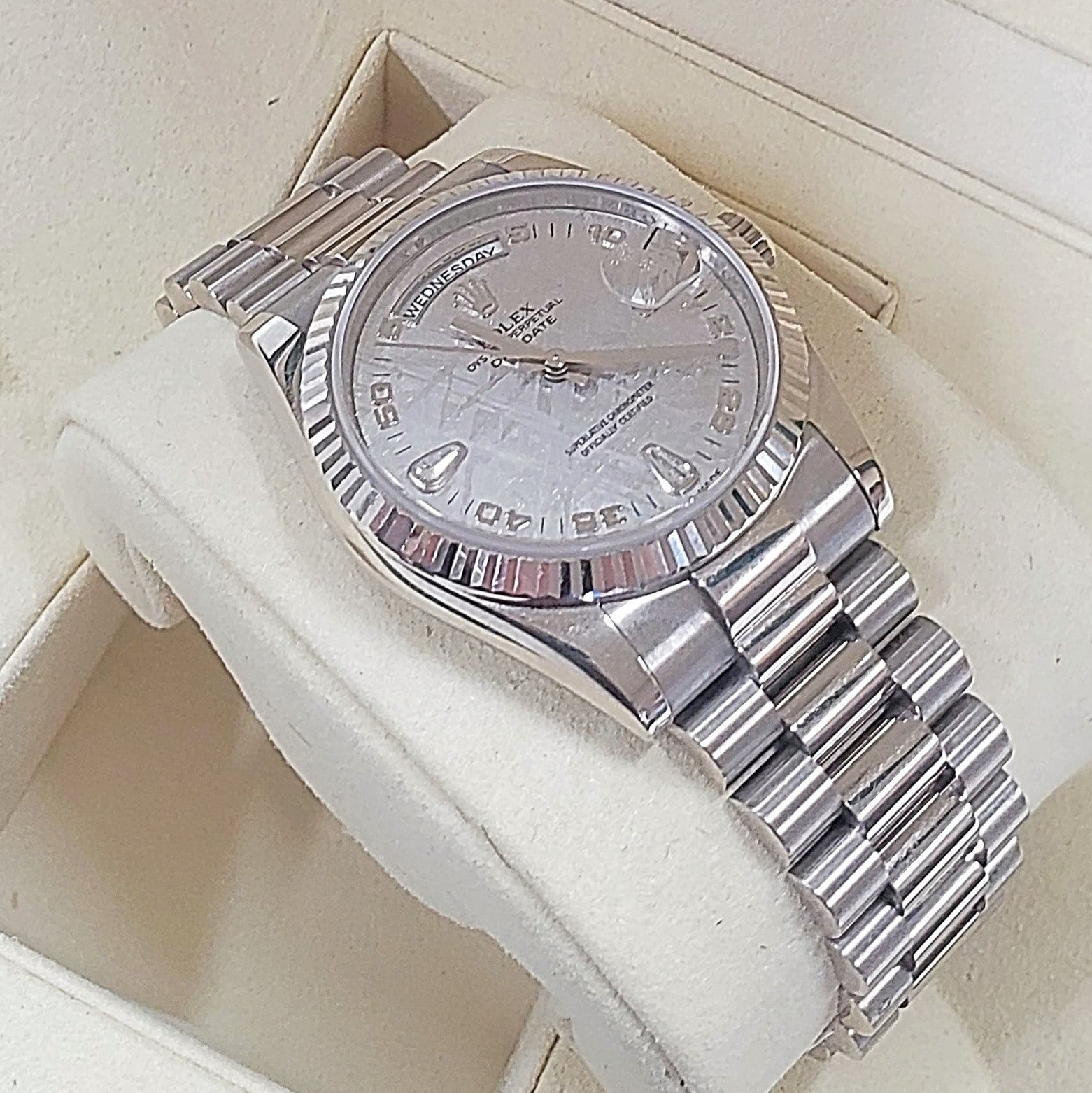 Men's Rolex Presidential 36mm 18k White Gold Watch with Fluted Bezel and Diamond Meteorite Dial. (Pre-Owned)