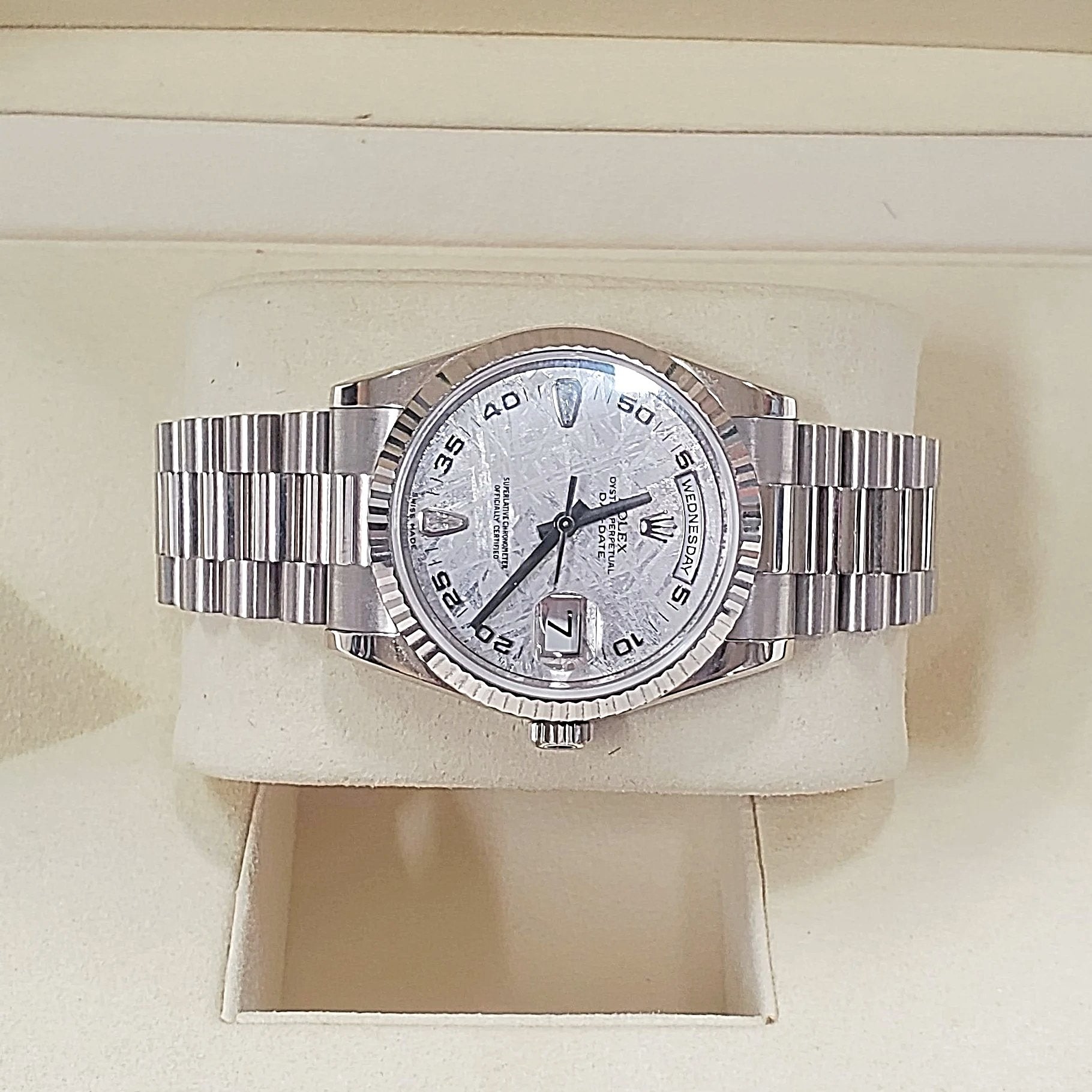 Men's Rolex 36mm Presidential 18K White Gold Watch with Diamond Meteorite Dial and Fluted Bezel. (Pre-Owned)