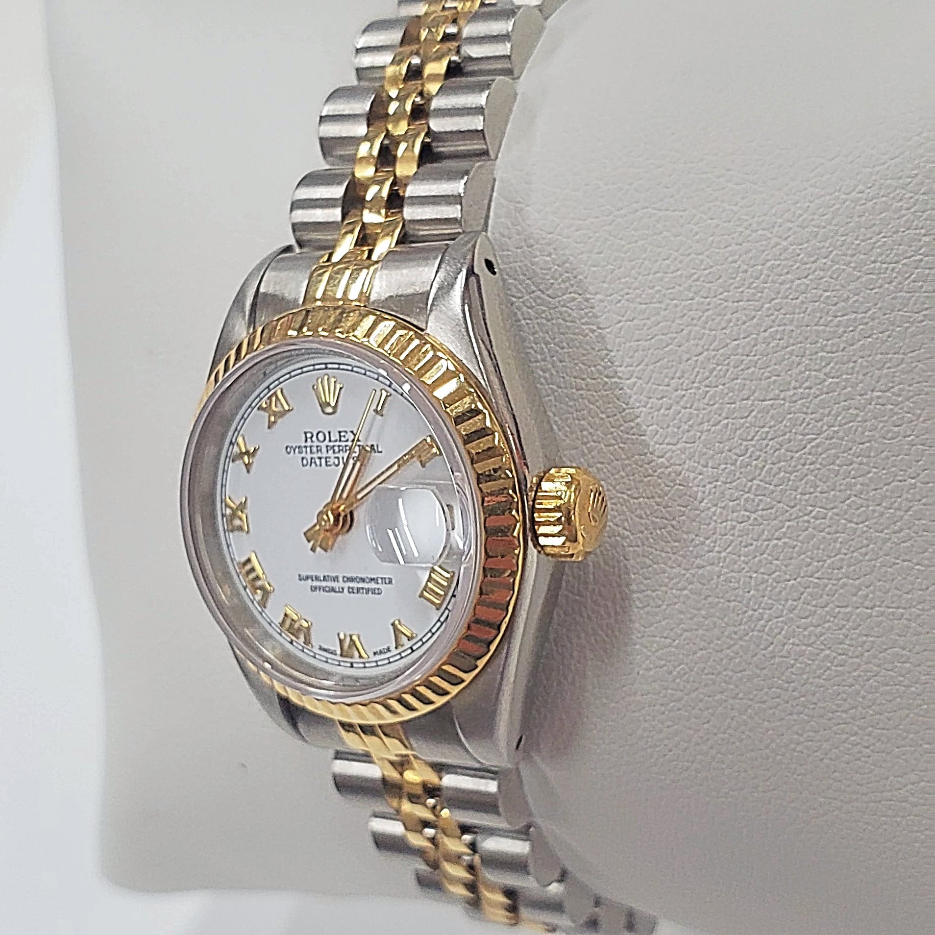 Women's Rolex 18K Gold 26mm Two-Tone DateJust Watch with Fluted Bezel, White Dial and Roman Numerals. (Pre-Owned)