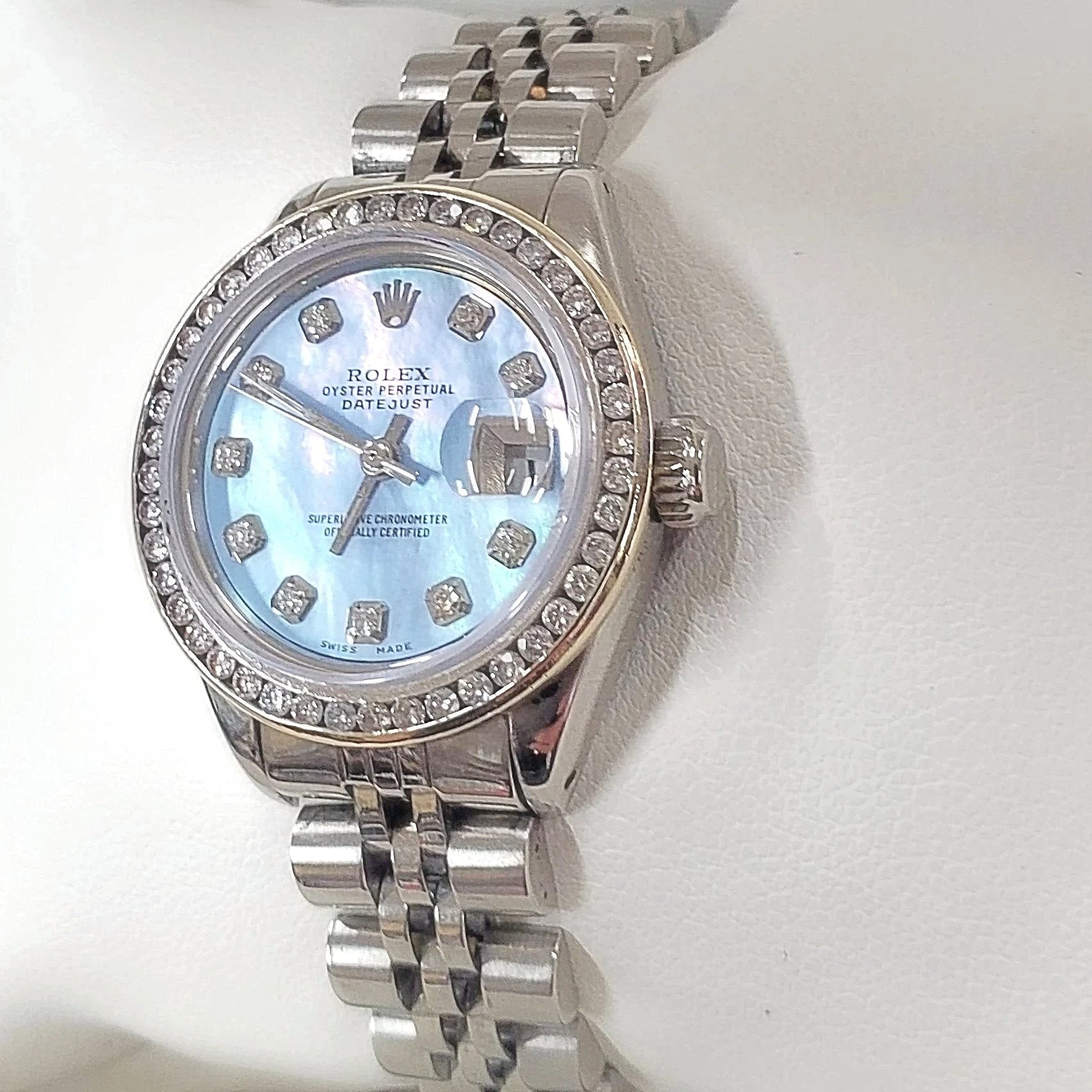 Women's Rolex Stainless Steel 26mm DateJust Watch, with Diamond Bezel, and Powder Blue Dial.