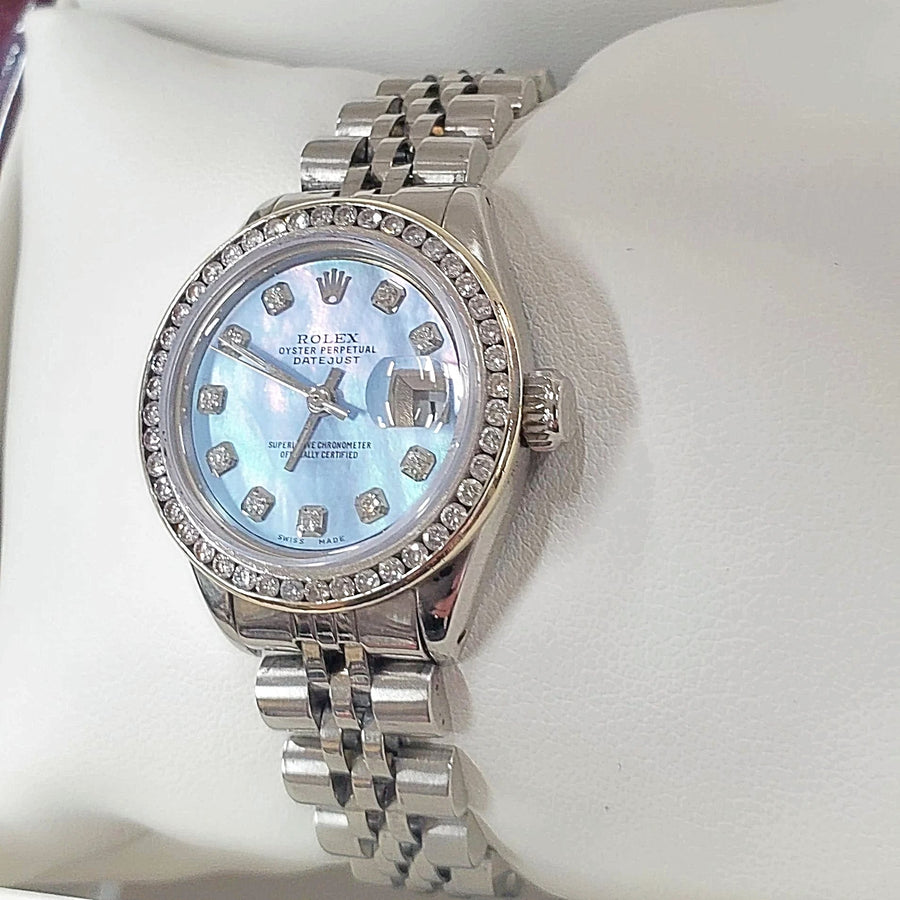 Ladies Rolex 26mm DateJust Stainless Steel Watch with Powder Blue Diamond Dial and Diamond Bezel. (Pre-Owned)