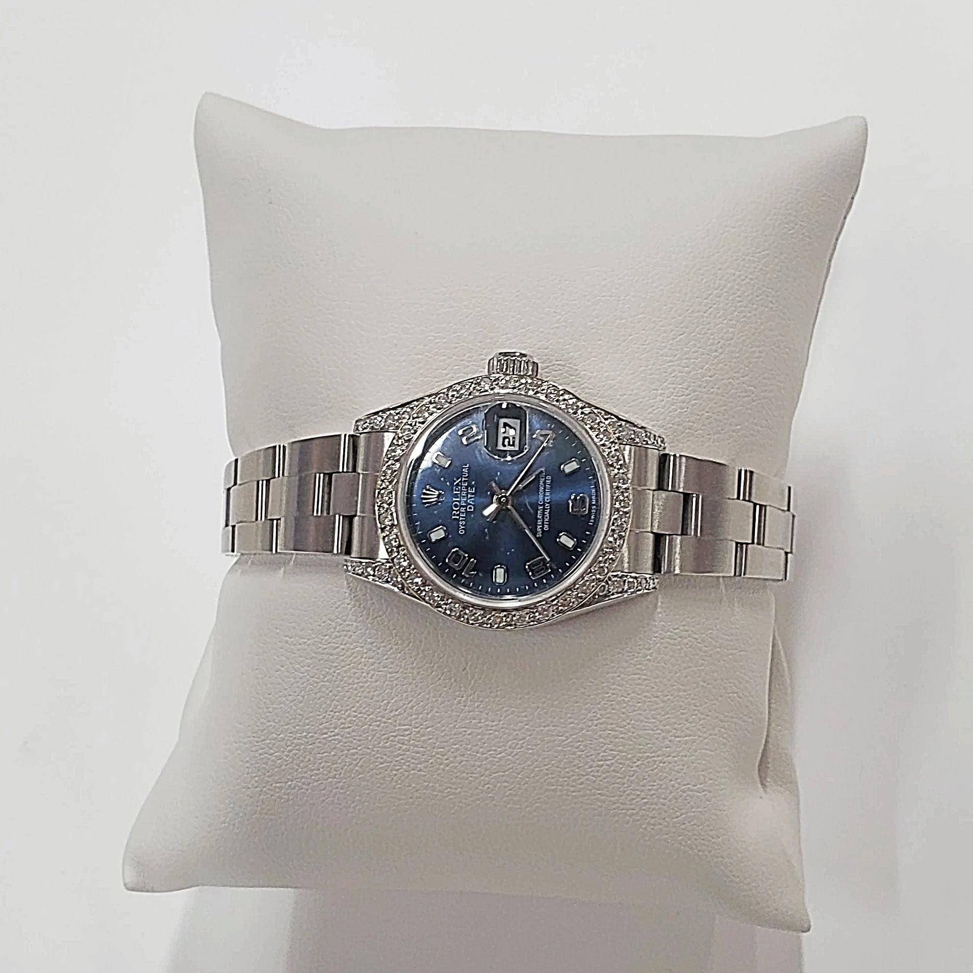 Ladies Rolex 26mm DateJust Stainless Steel Watch with Midnight Blue Dial and Custom Diamond Bezel. (Pre-Owned)