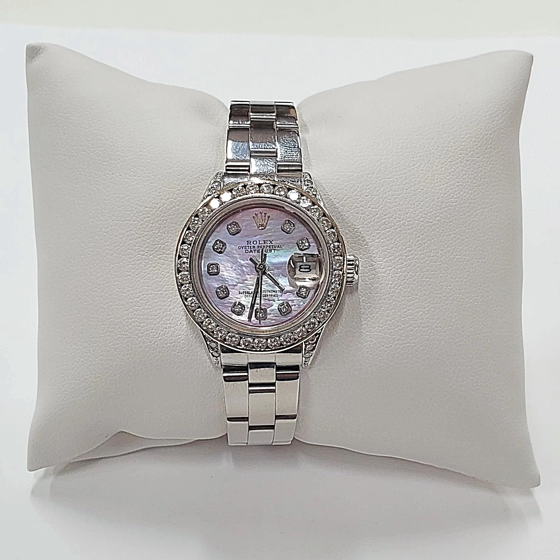 Ladies Rolex 26mm DateJust Stainless Steel Watch with Mother of Pearl Diamond Dial and Custom Diamond Bezel. (Pre-Owned)