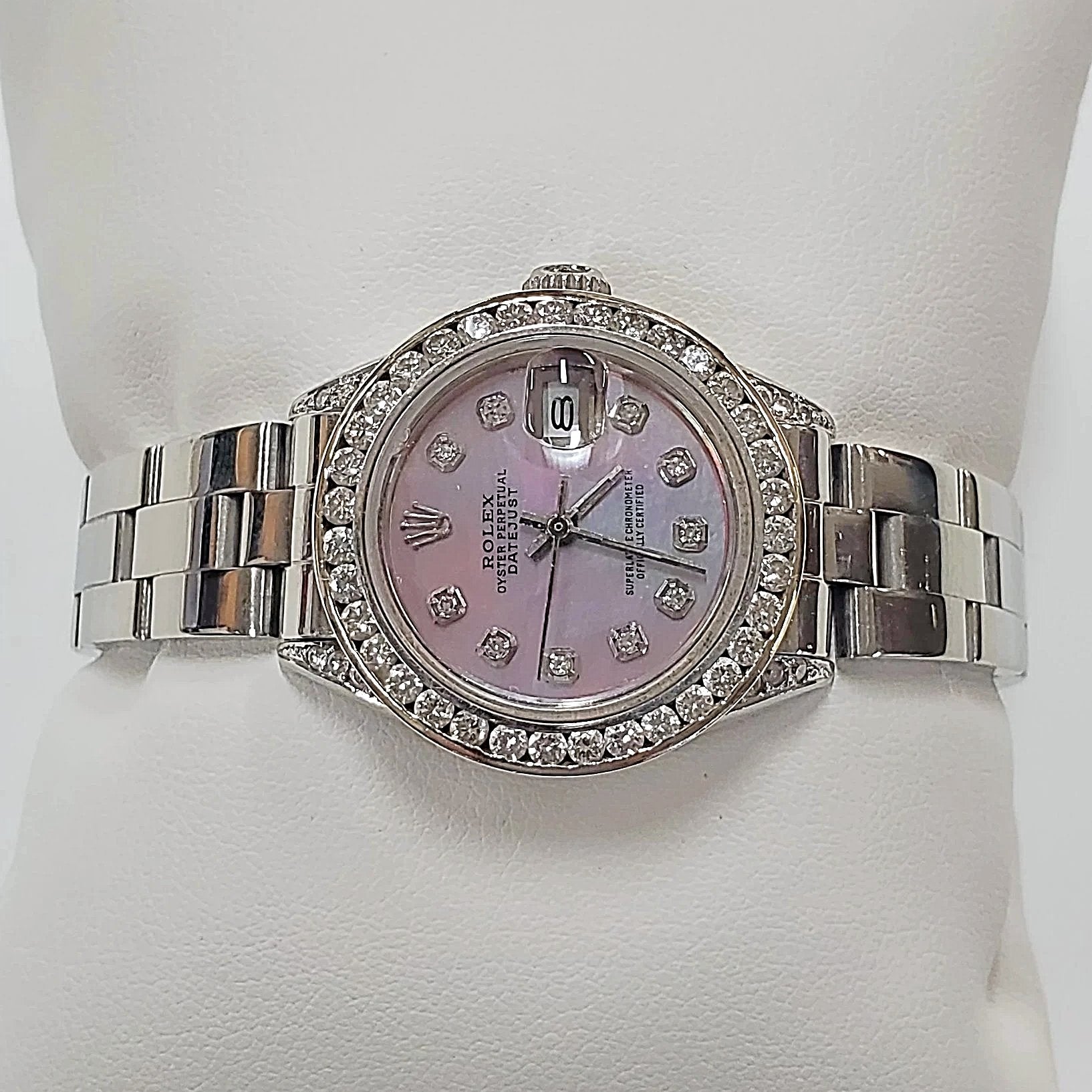 Ladies Rolex 26mm DateJust Stainless Steel Watch with Mother of Pearl Diamond Dial and Custom Diamond Bezel. (Pre-Owned)