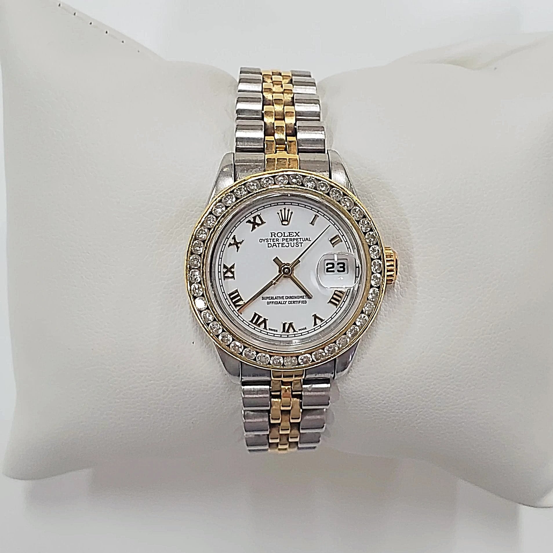 Ladies Rolex 18K Gold Two Tone 26mm DateJust Watch with Diamond Bezel, White Dial and Roman Numerals. (Pre-Owned)