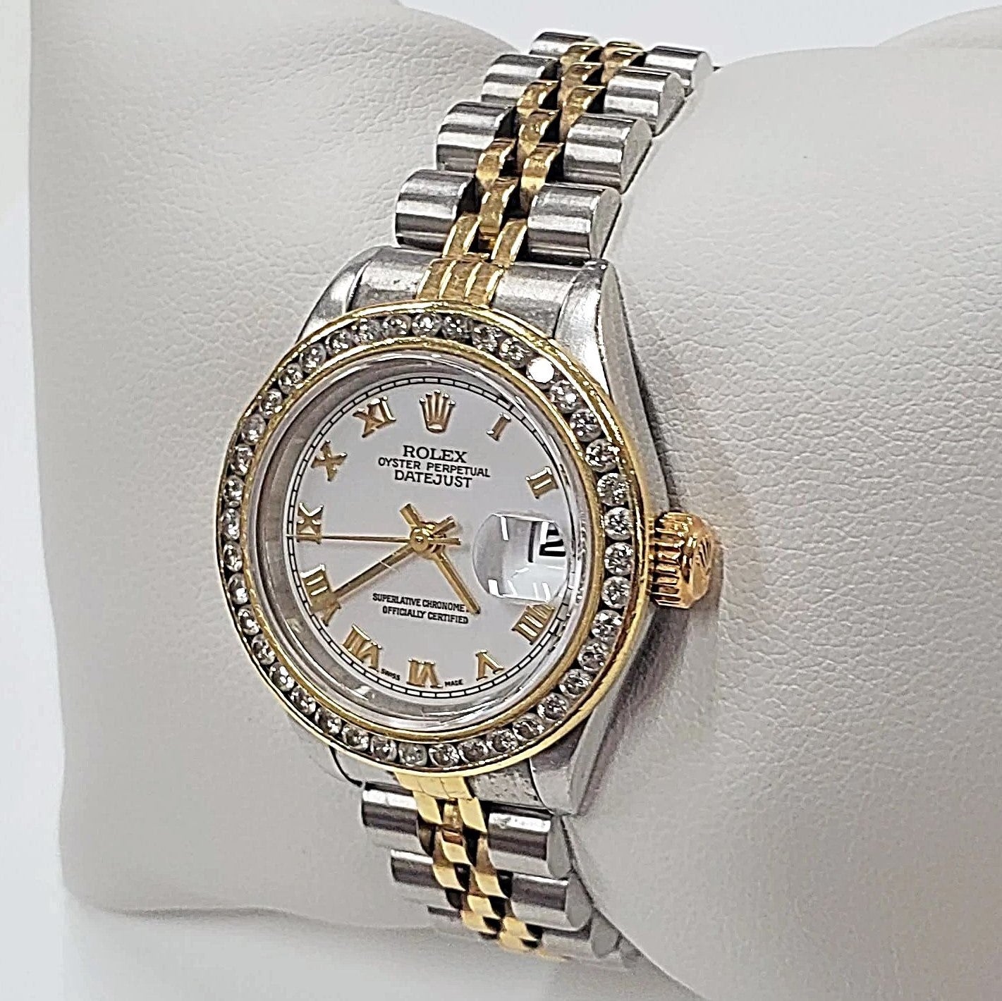 Women's Rolex 18K Gold Two-Tone 26mm DateJust Watch with Diamond Bezel, White Dial and Roman Numerals. (Pre-Owned)