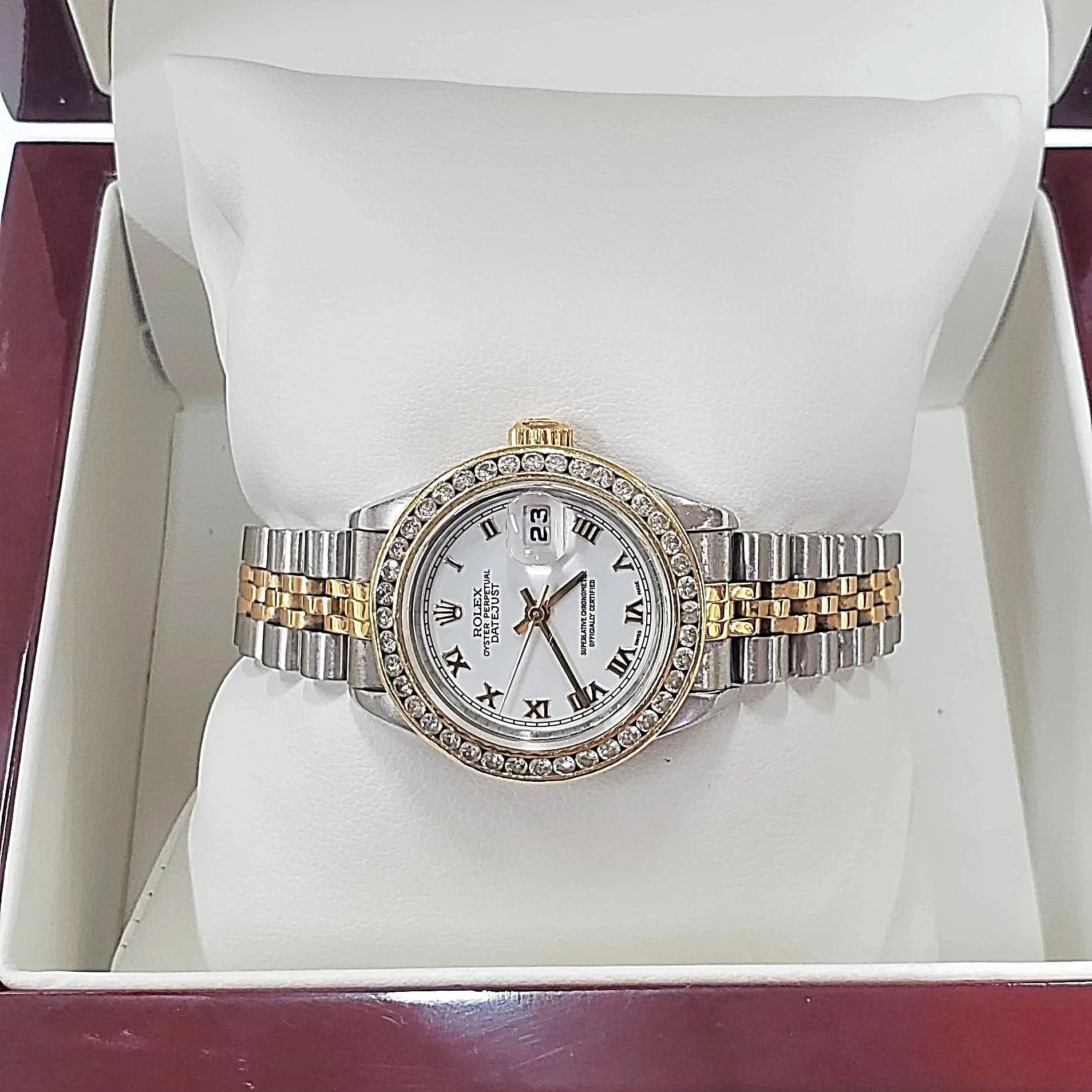 Ladies Rolex 18K Gold Two Tone 26mm DateJust Watch with Diamond Bezel, White Dial and Roman Numerals. (Pre-Owned)