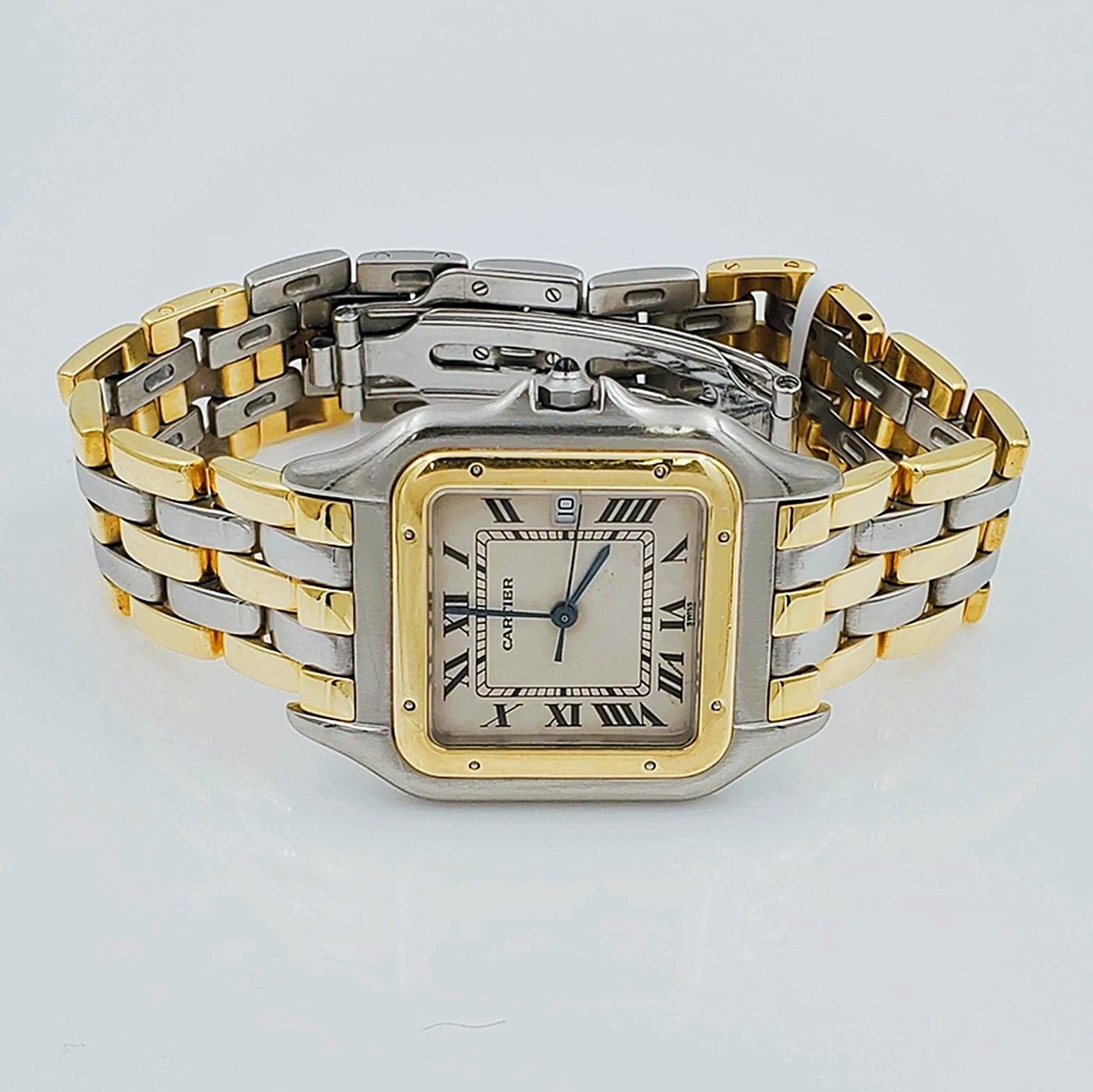 Men's Large Cartier Panthere Watch in 18K Yellow Gold and Stainless Steel, with White Dial. (Pre-Owned)
