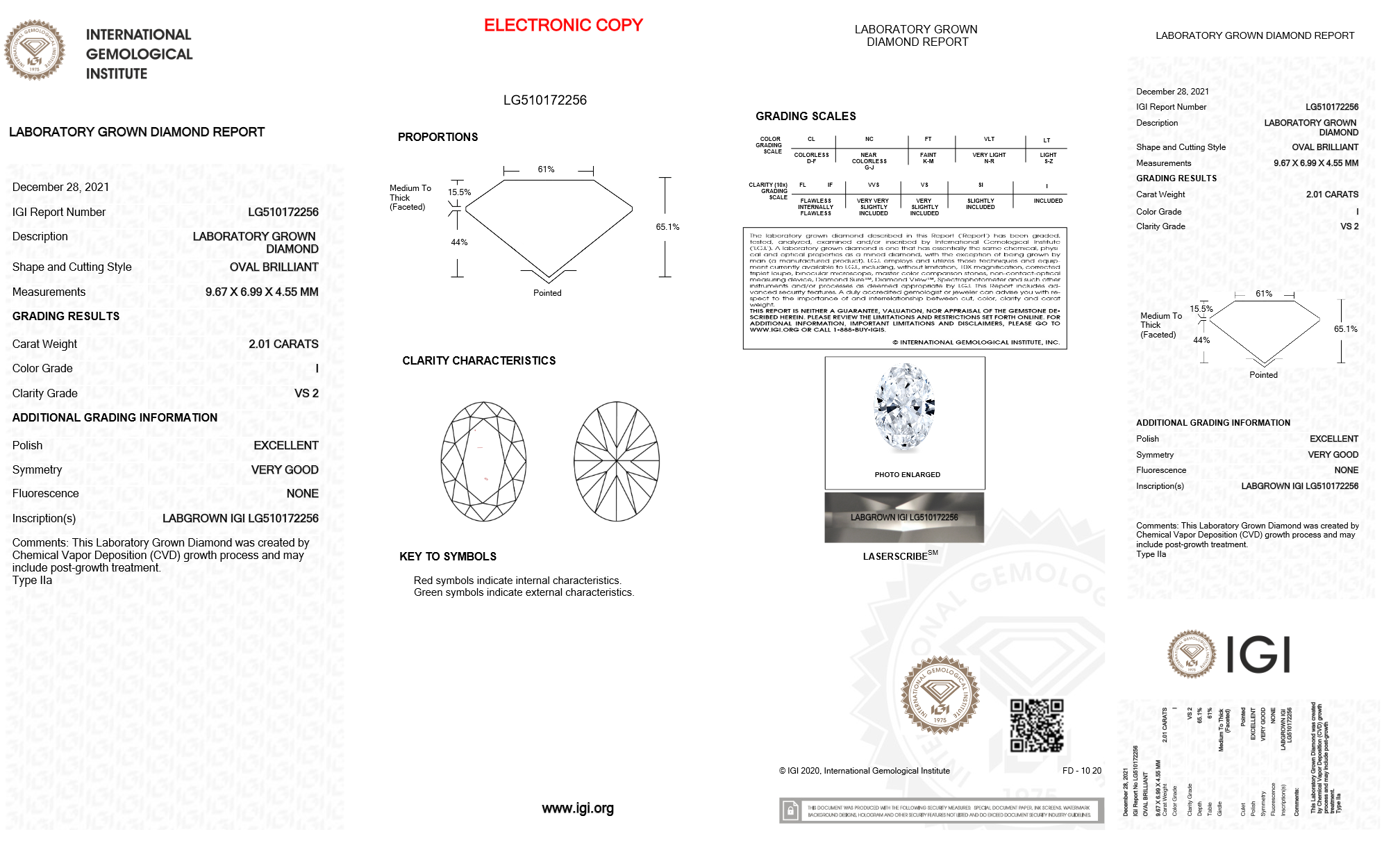 2.01 Carat Oval Brilliant IGI Certified VS2, Color I, Laboratory Grown Diamond.