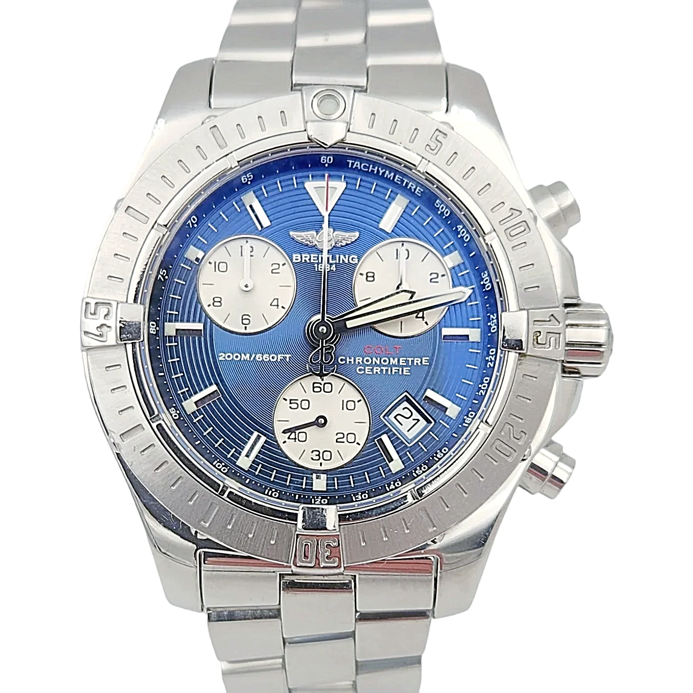 Men's Breitling 41mm Colt Stainless Steel Watch with Blue Chronograph Dial. (Pre-Owned A73380)