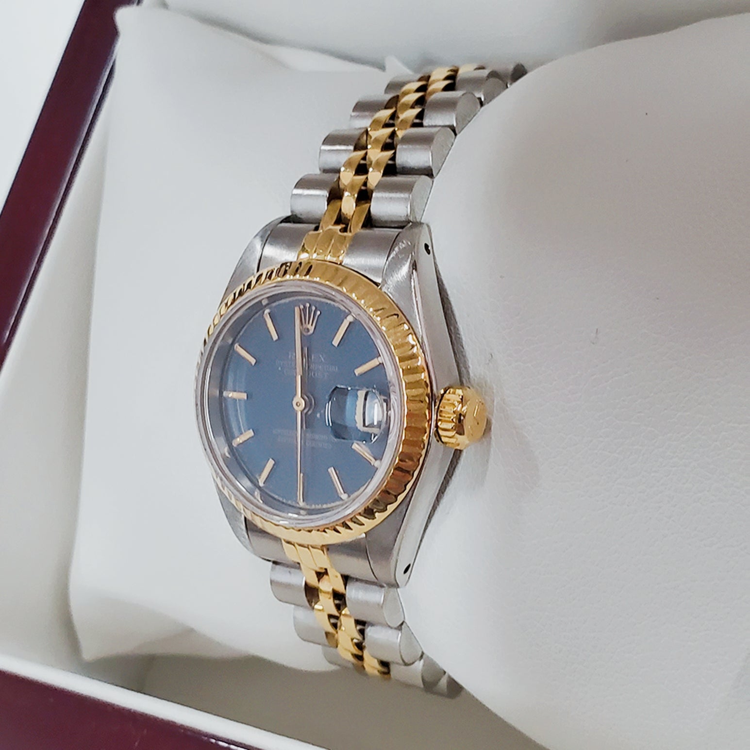 Women's Rolex 26mm Two-Tone DateJust 18K Gold Watch, with Blue Dial, and 18k Fluted Bezel.