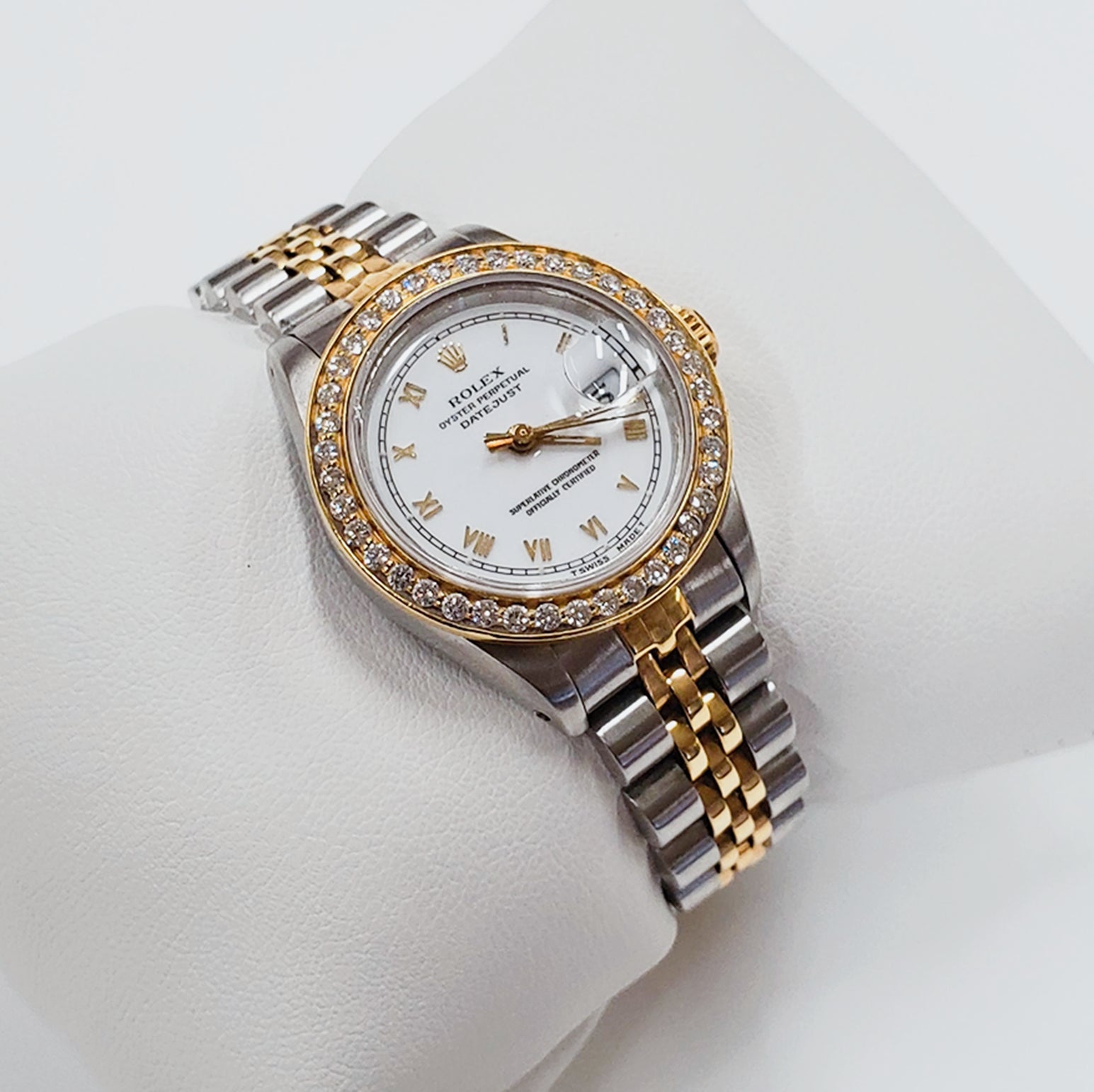 Ladies Rolex 18K Gold Two Tone 26mm DateJust Watch with Roman Numerals, White Dial and Diamond Bezel. (Pre-Owned)
